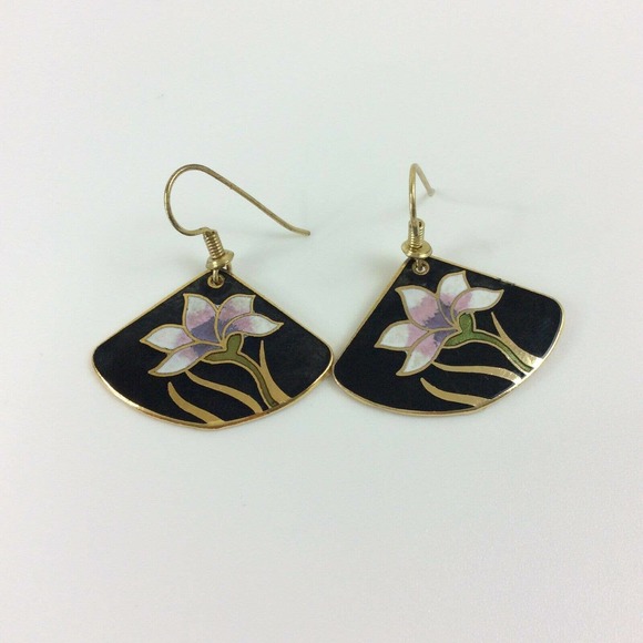 Vintage Cloisonne Dangle Earrings Fan Shape Floral - Picture 5 of 8
